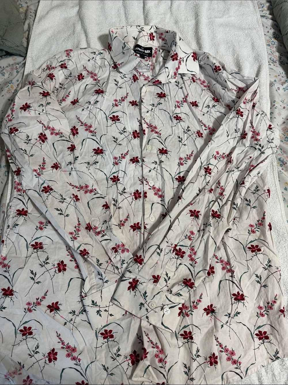 Express Men's White Shirt Jacket with Red Floral Print